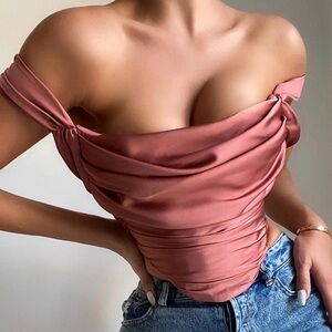 House of CB Aella rose satin cowl neck draped corset top Size Small NWT